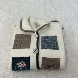 VTG 90s Winter Snowflakes Patchwork Applique Fleece Jacket L Cottage Core Soft